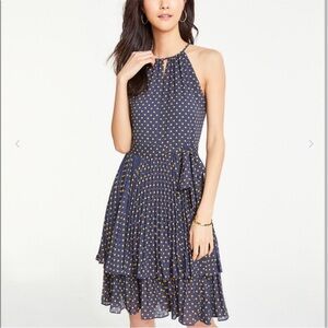 Ann Taylor navy blue tiered pleated halter neck dress w/gold polka dots